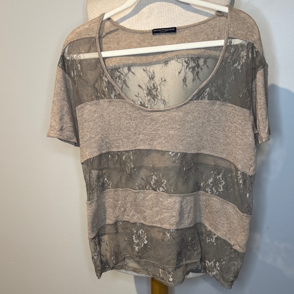Brandy Melville Gray/tan Lace and wool Striped Blouse